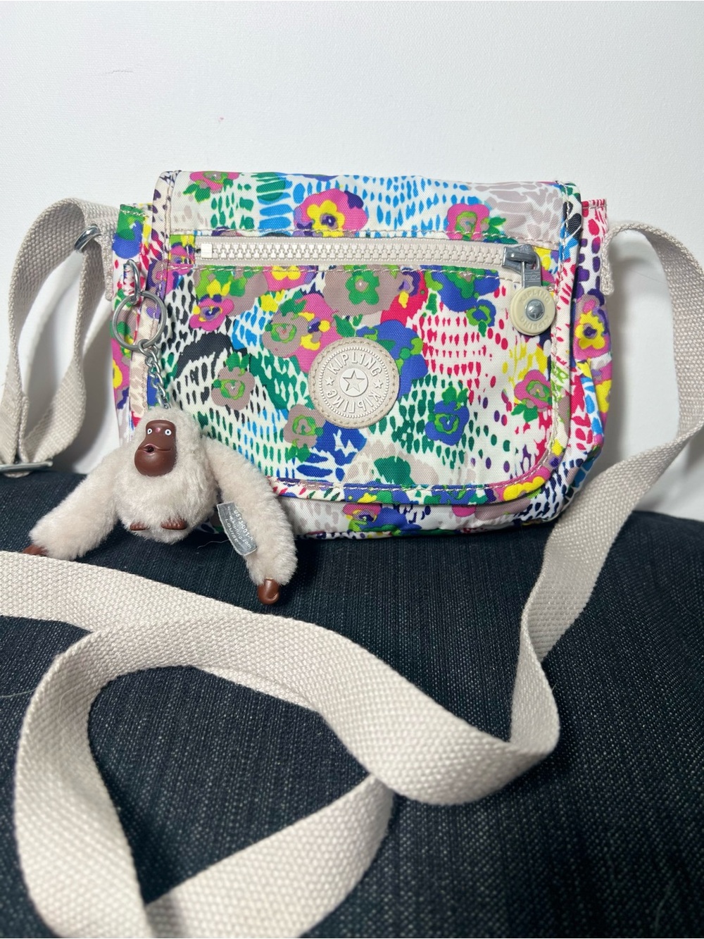 Kipling Sabian Mini Daisy Floral Print Crossbody Bag with Furry Monkey